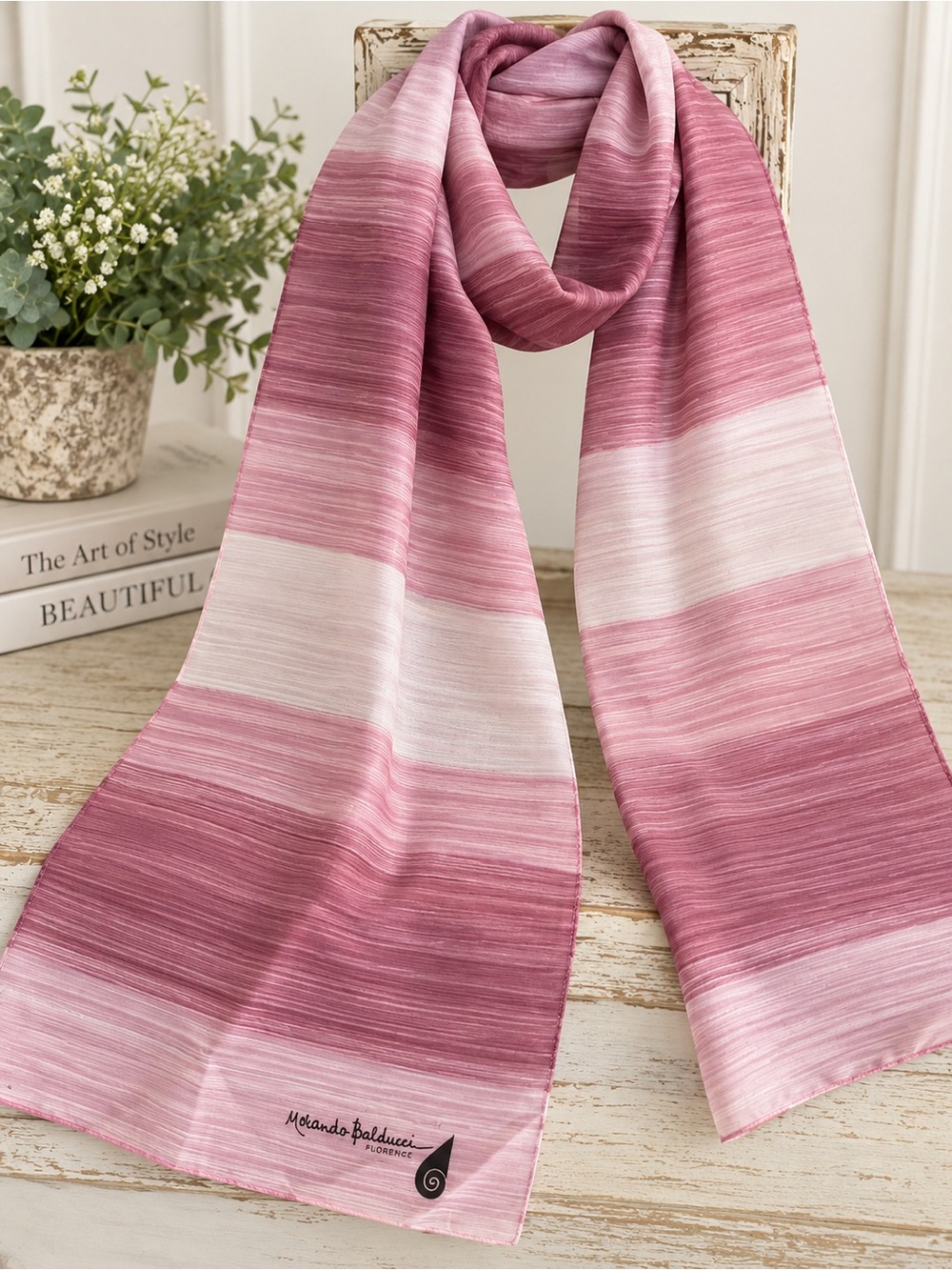 Florence Balducci Vintage Scarf 54” Pinks Ivory Striped Polyester made Italy
